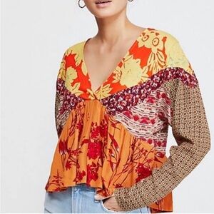 Free People Aloha State of Mind Patchwork Top Flower Detail Drapey Orange Yellow